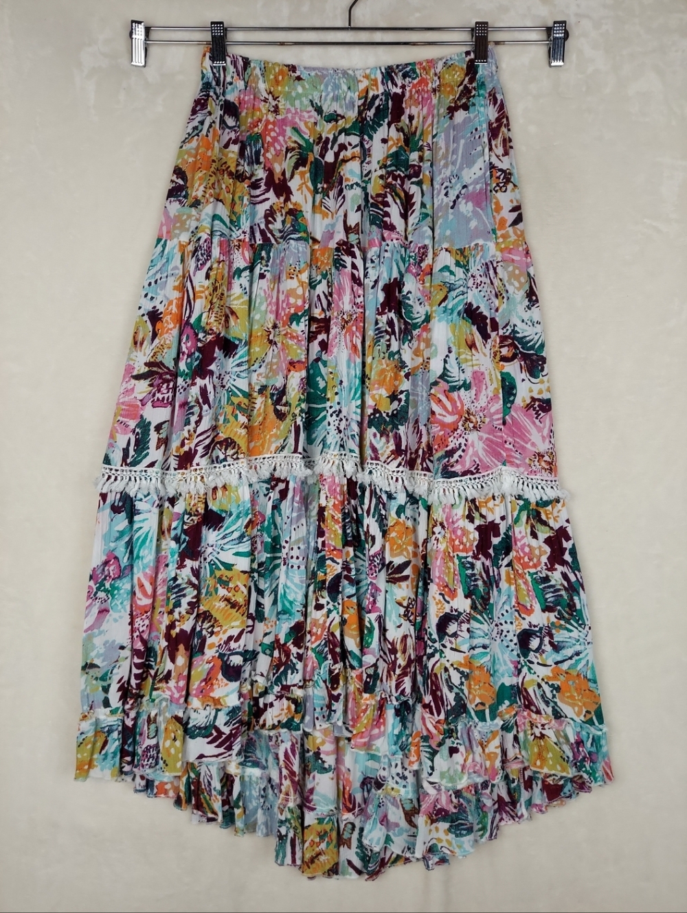 Free People Skirt Womens M Kahlo Boho Festival Hippie Tropical Tiered Hi Low